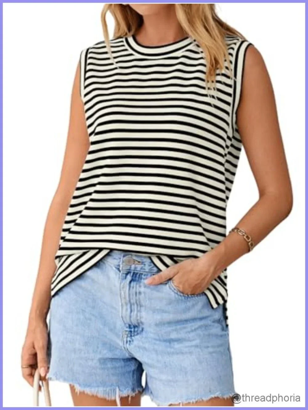 Women's Striped High Neck Sleeveless Tank Top Casual Loose Fit Summer Basic Tee